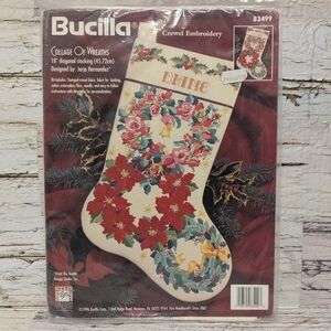 Bucilla Crewel Embroidery Kit #83499  Collage of Wreaths 18" Christmas Stocking